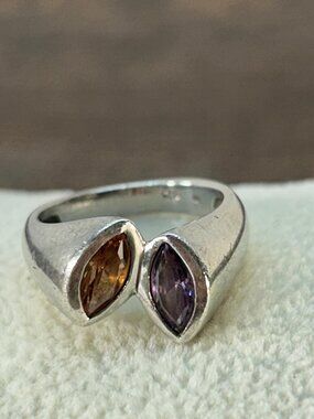 925 Sterling Silver Toi Et Moi Marquise Amethyst Citrine Bypass Ring